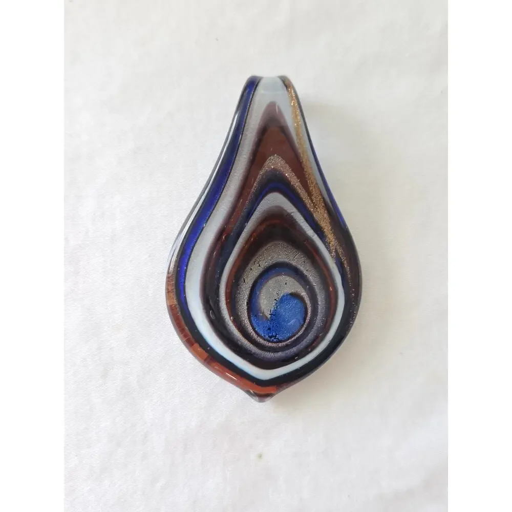 Teardrop Shape Large Murano Style Art Glass Pendant Black Blue Copper Gold Tones